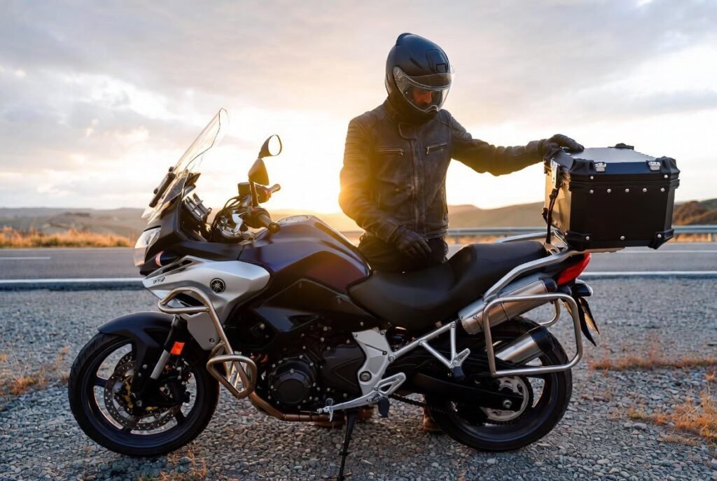 Motorcyclist checking a top box mounted on a touring motorcycle before a highway ride