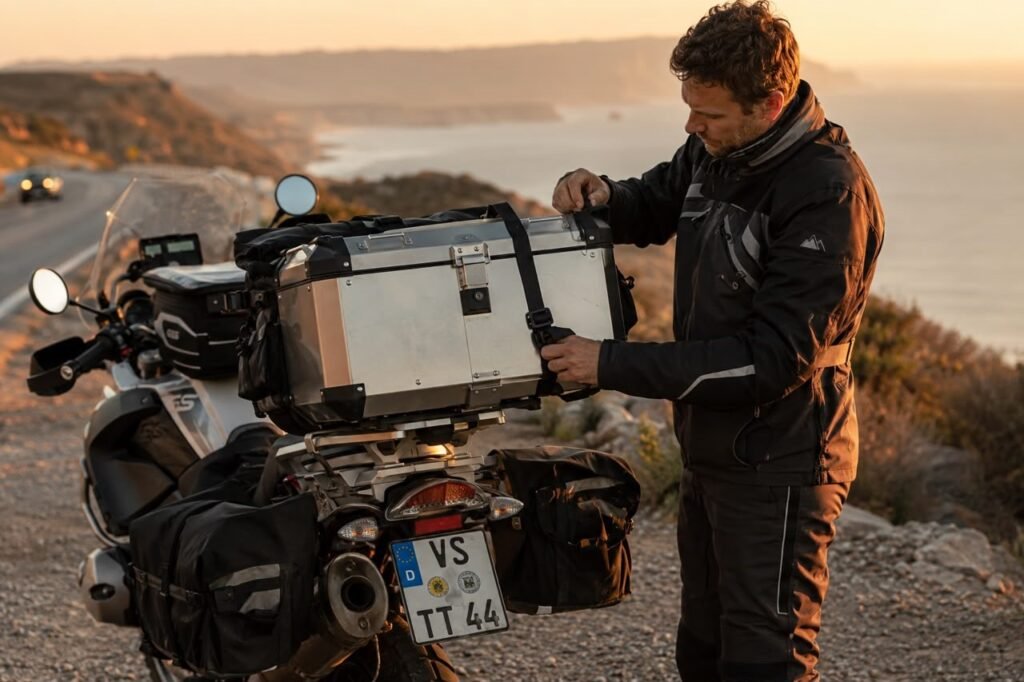 Motorcyclist checking a top box mounted on a touring motorcycle before a highway ride