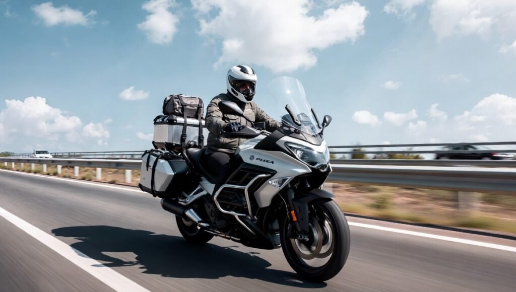 Touring motorcycle loaded with luggage riding on highway
