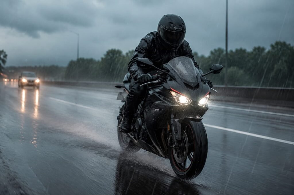Motorcyclist riding through rain on highway wearing full-face helmet
