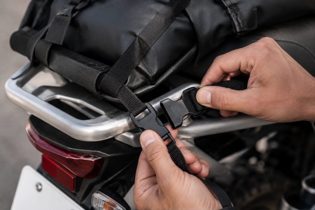 Quick release motorcycle rear bag mounting system with cam buckle