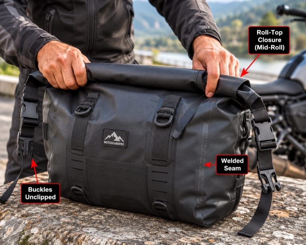 Roll-top closure on a waterproof motorcycle tail bag with welded seams
