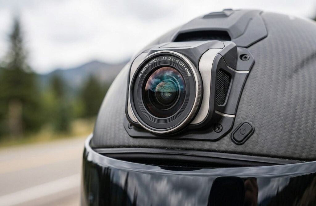 Close-up of an integrated action camera mounted on the front of a smart motorcycle helmet