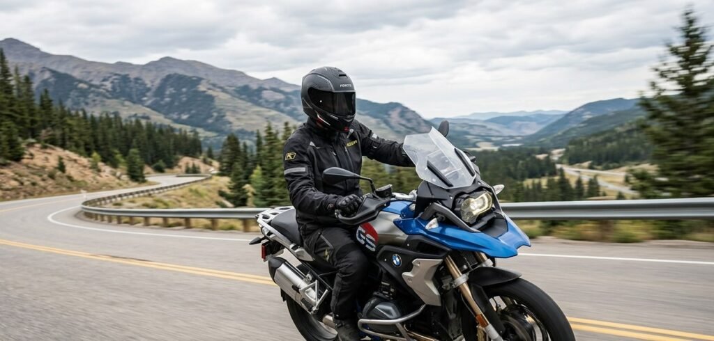 Rider wearing a smart motorcycle helmet with HUD display on an open highway