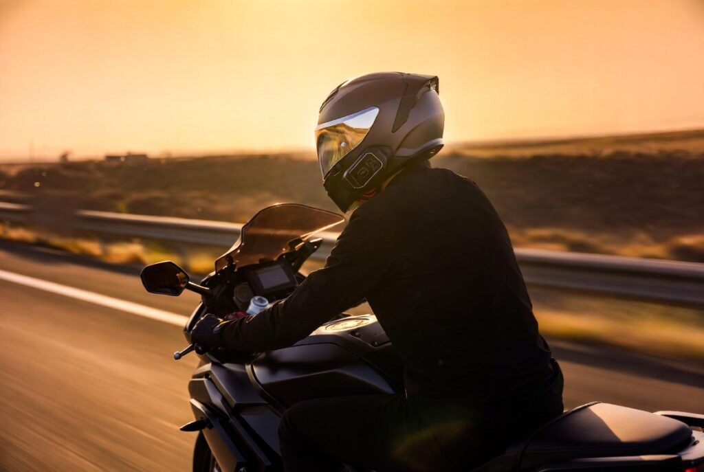 Rider wearing a smart motorcycle helmet with HUD display riding on an open highway