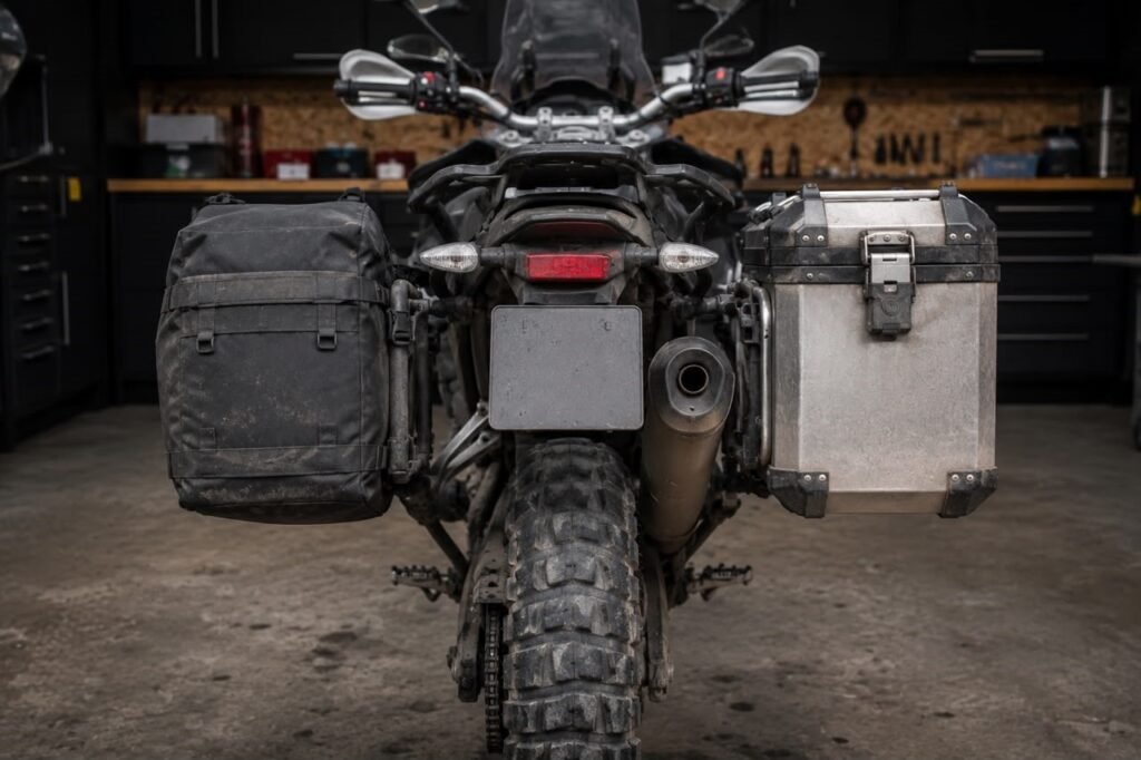 Soft saddlebag next to an aluminum hard pannier mounted on a motorcycle