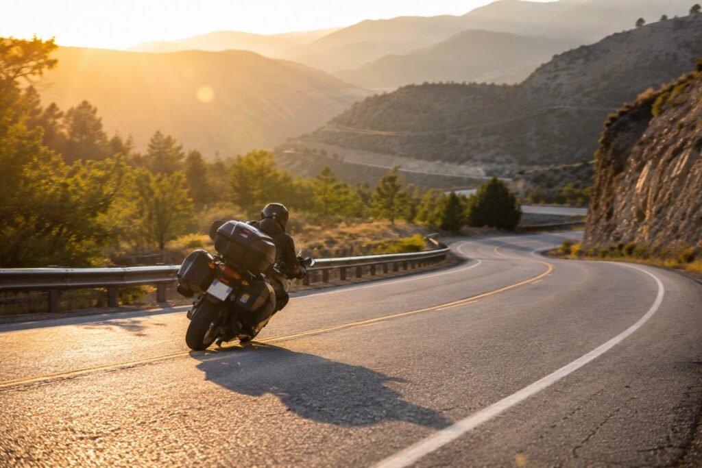 Sport touring motorcycle leaned into a curve on a mountain highway during a long ride