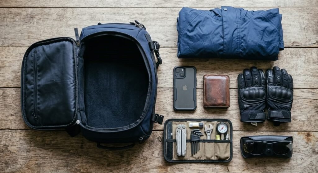 Flat lay of items that fit inside a motorcycle tank bag including phone, wallet, and gloves