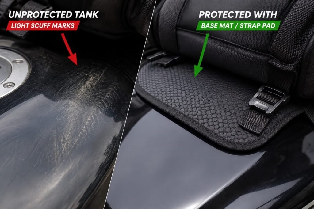Protective mat placed under a motorcycle tank bag to prevent paint scratches
