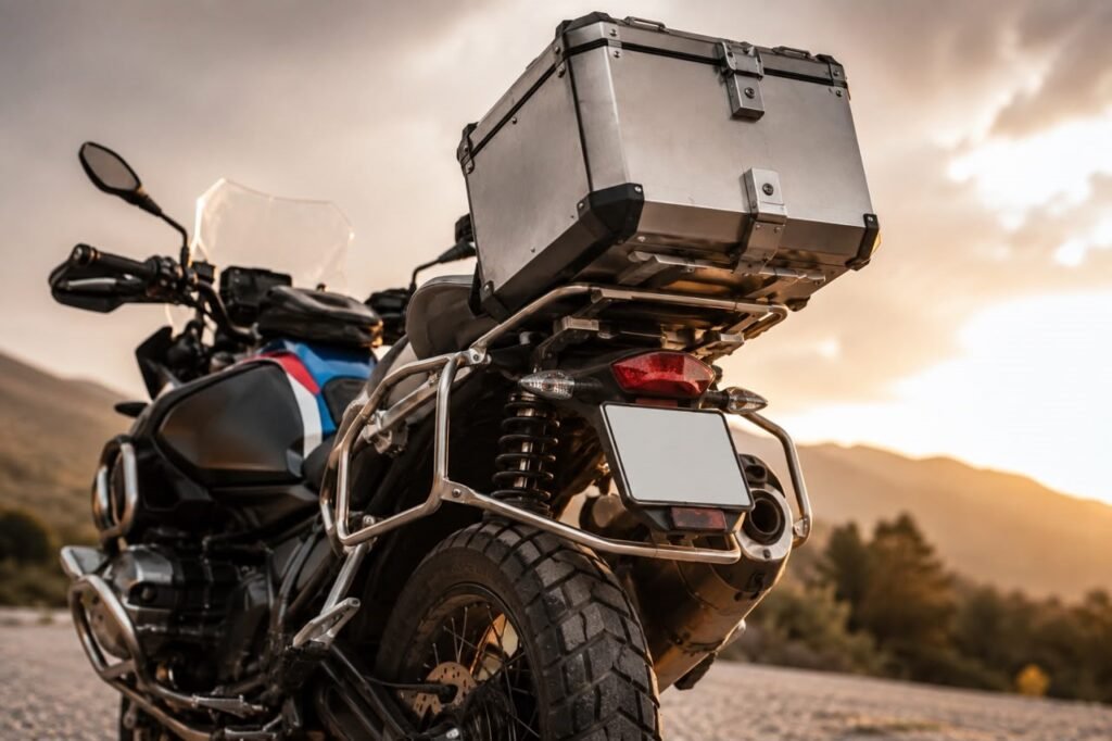 Close-up of a motorcycle top box mounted behind the rear axle showing weight placement