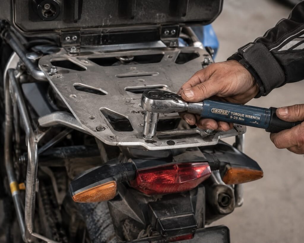 Rider using a torque wrench to check motorcycle top box rack mounting bolts
