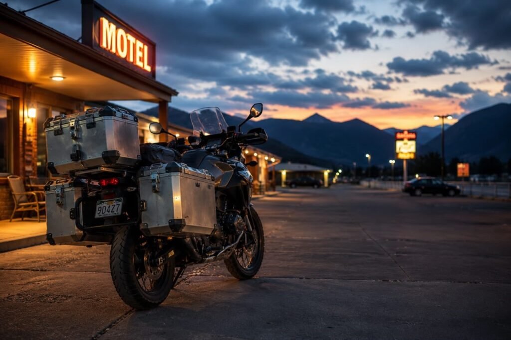 Touring motorcycle with locked hard panniers parked outside a hotel