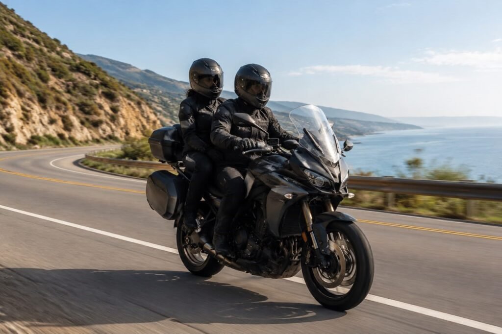 Two riders on a motorcycle using rider to passenger communication system