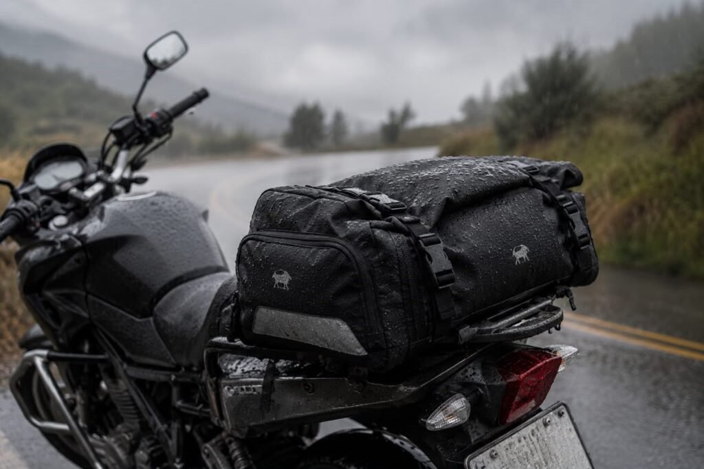 Waterproof motorcycle tail bag mounted on a bike in the rain