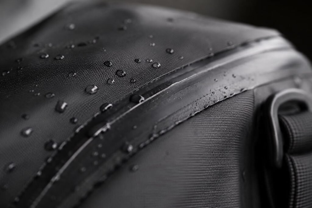 Close-up of a welded TPU saddlebag seam showing waterproof construction