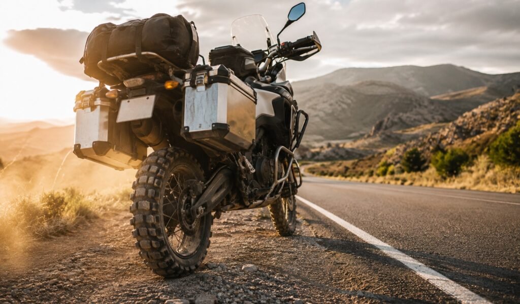 Adventure motorcycle tire transitioning from gravel road to paved highway at sunset