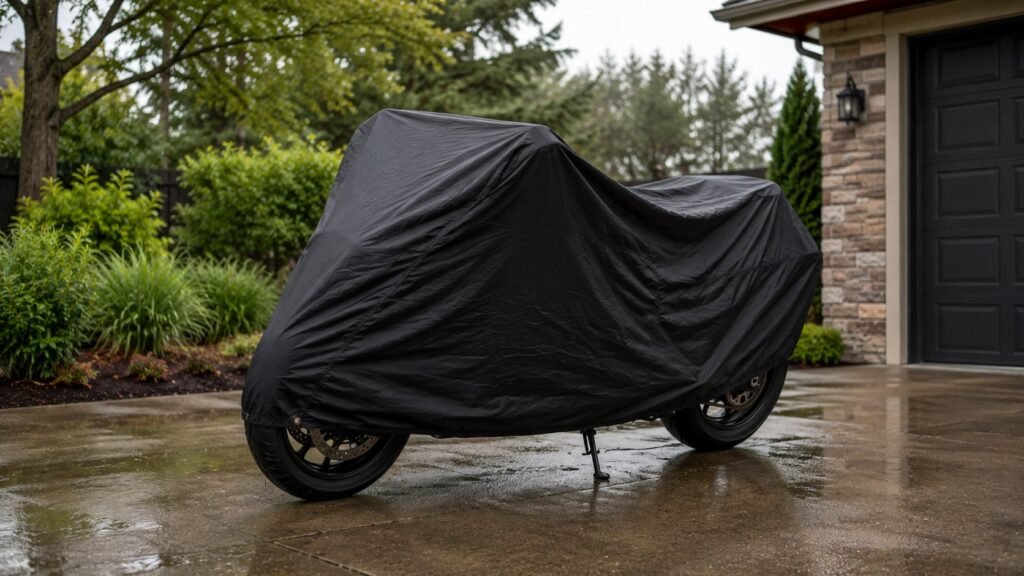 Three motorcycles covered with weather-protective motorcycle covers outdoors
