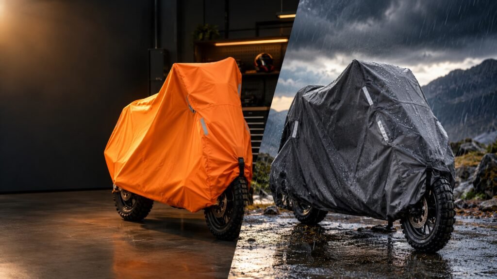 Two motorcycles under covers side by side comparing a lightweight 210D motorcycle cover in a garage with a heavy-duty 300D motorcycle cover outdoors in the rain