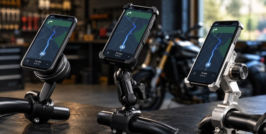 Best motorcycle phone mount comparison: three handlebar phone holders with vibration dampener options
