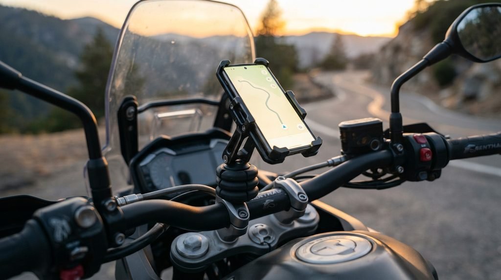 Best motorcycle phone mount with vibration dampener holding a smartphone on a handlebar