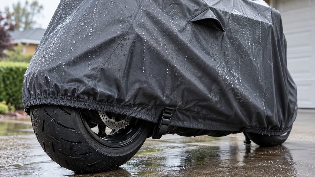 Fitted motorcycle cover with buckle strap and elastic hem shedding rain