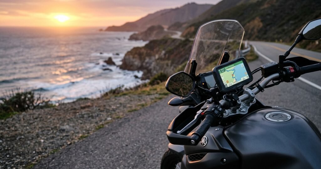 Motorcycle GPS securely mounted on the handlebar of a touring bike at sunset