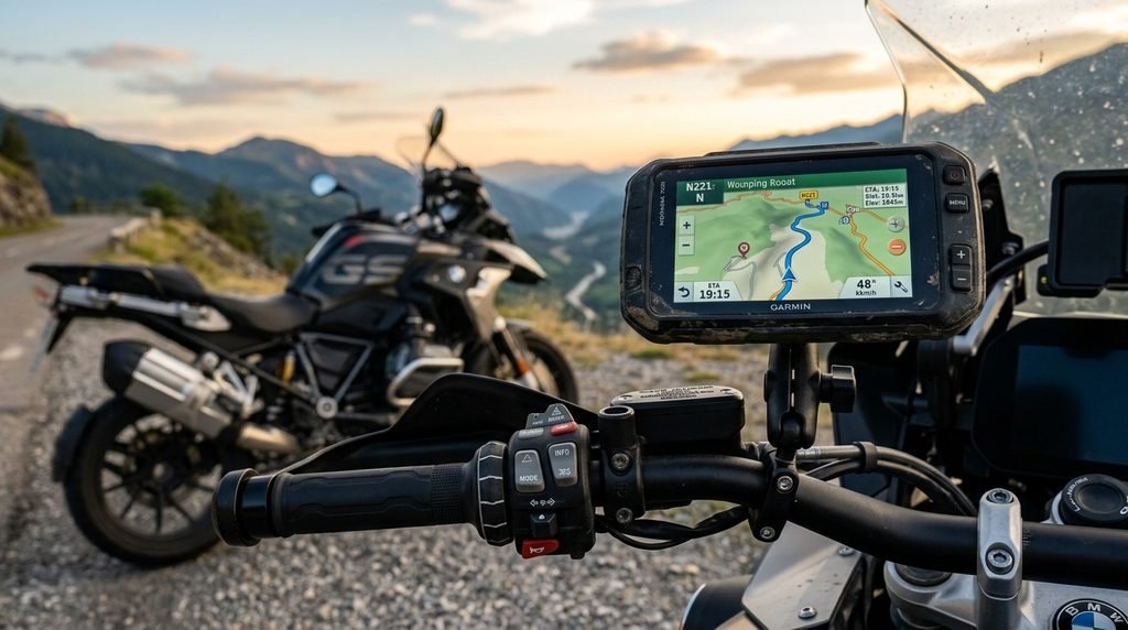 Motorcycle GPS securely mounted on the handlebar of a parked adventure bike