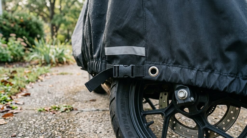 Close-up of a black motorcycle cover with a windproof buckle strap, elastic hem, lock hole, and reflective strip on a parked bike