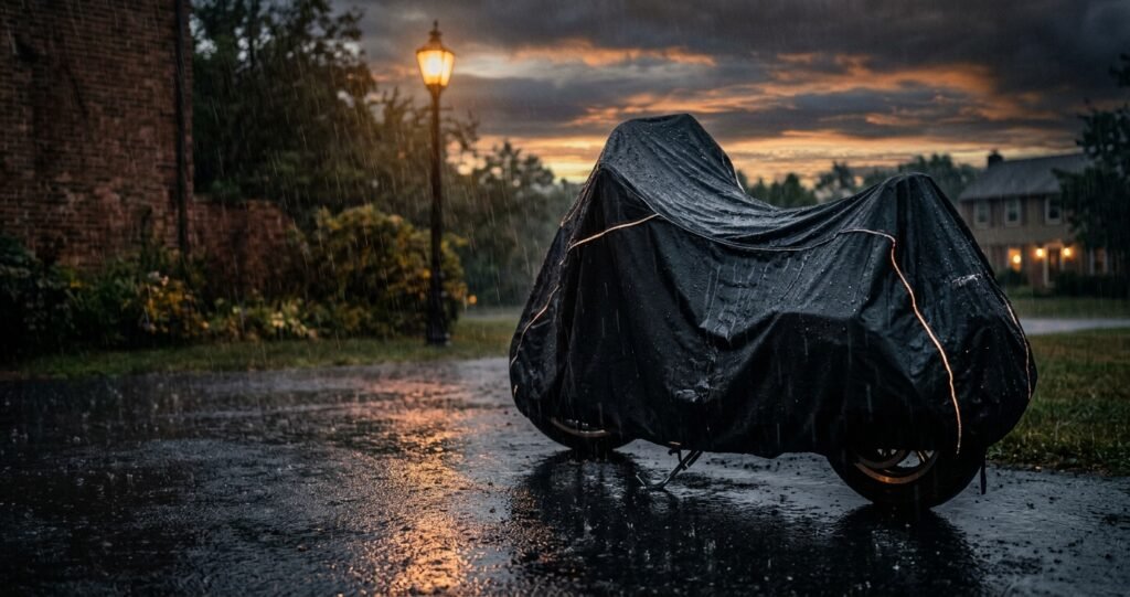 Black waterproof motorcycle cover protecting a cruiser parked outside in heavy rain, with water beading on the fabric and reflective strips glowing at dusk