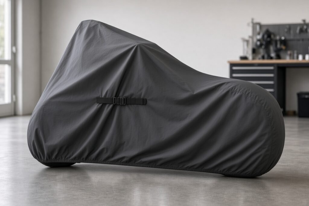 Motorcycle with properly fitted cover showing the right motorcycle cover size