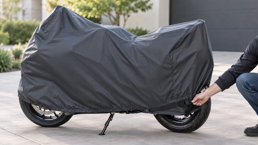Motorcycle with properly fitted cover showing the right motorcycle cover size