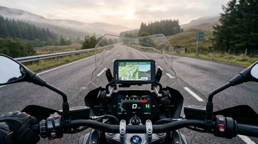 Rider’s-eye view of a motorcycle GPS positioned clear of the instrument cluster