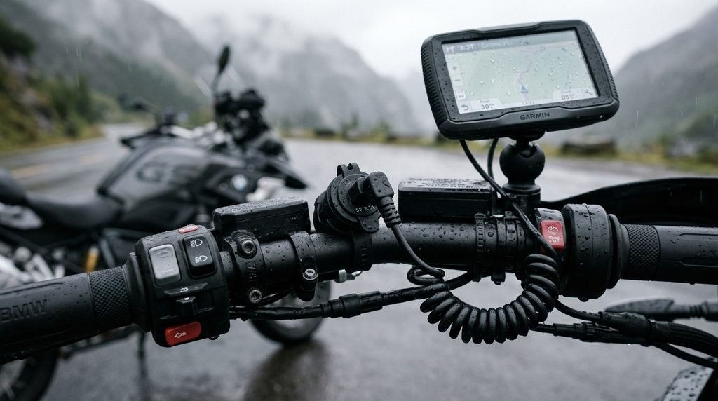 Weather-resistant USB charger powering a motorcycle GPS from the handlebar