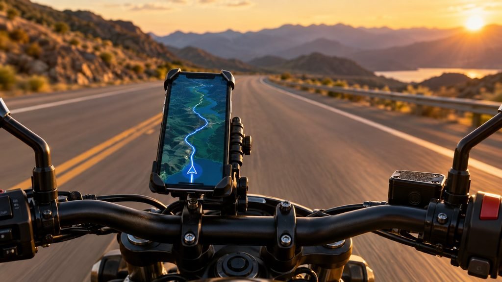 Smartphone on a motorcycle handlebar mount with a vibration dampener showing a navigation map