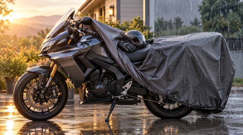 Motorcycle partially covered with a fitted cover to protect it from sun and rain