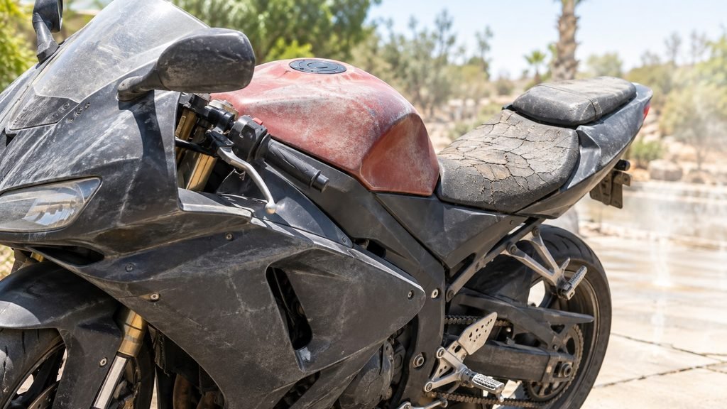 Parked motorcycle showing faded paint and a cracked seat from sun exposure