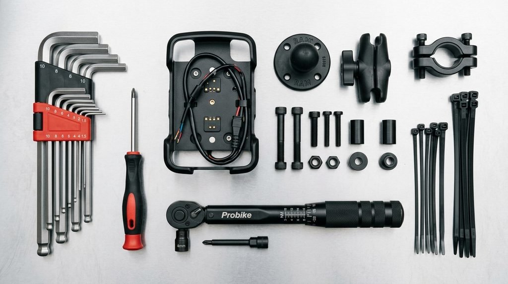 Hex keys, torque wrench, cable ties and mounting hardware for a motorcycle GPS installation