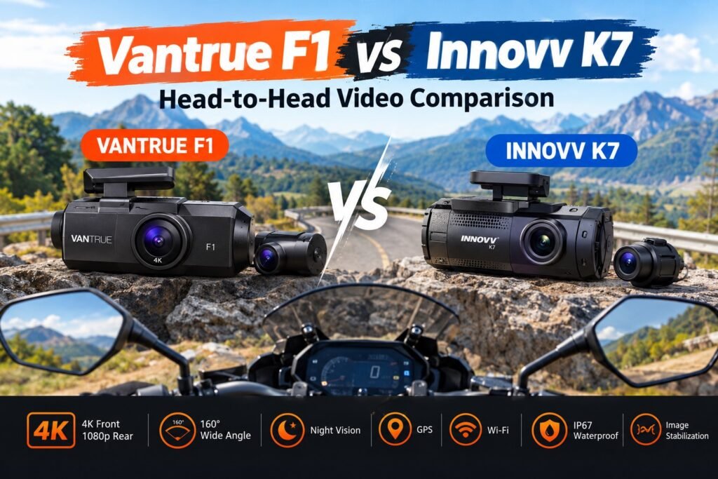 Vantrue F1 vs INNOVV K7 motorcycle dash cam comparison on a scenic mountain road.